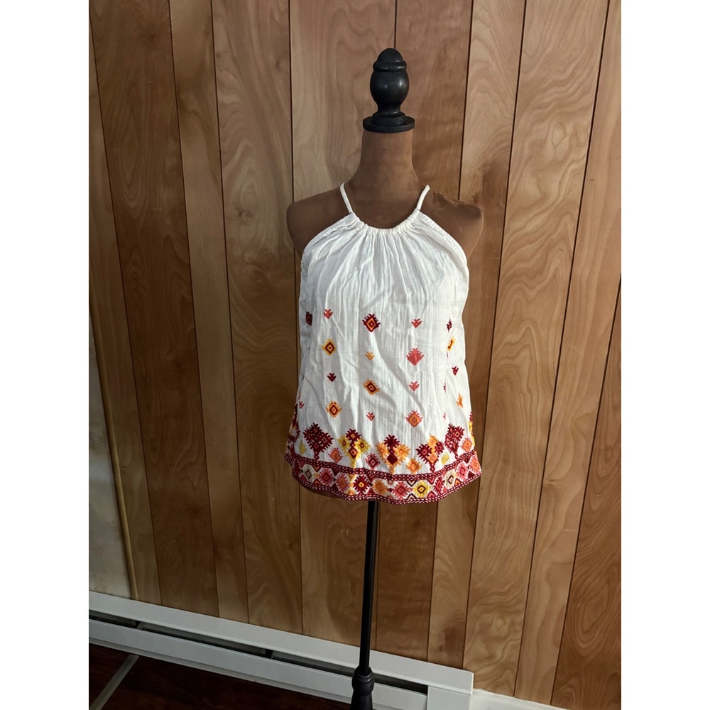 Ann‎ Taylor LOFT White Cotton Embroidered Halter Top Red Orange Boho XS